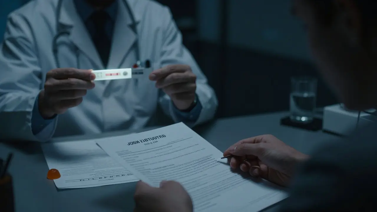 Person übergibt Jobantrag, während positiver Drogentest sichtbar ist