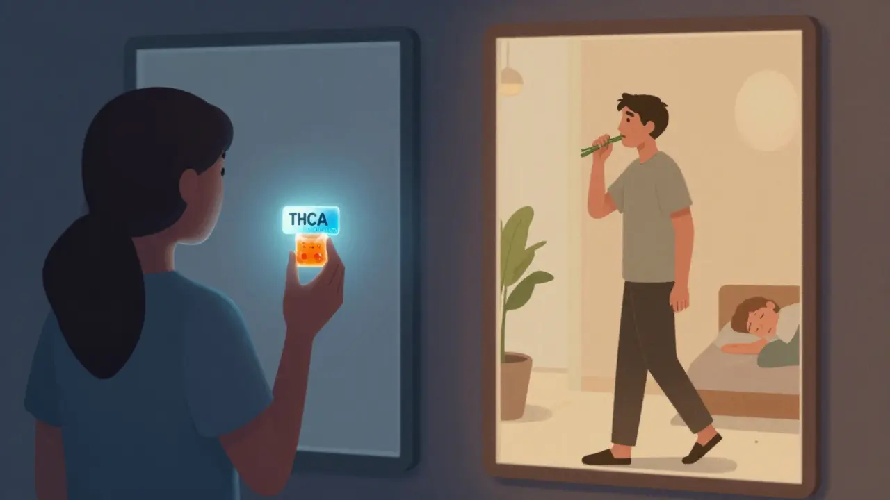 Person vor zwei Spiegeln: einer zeigt falsche Abnehmversprechen, der andere gesunde Lebensgewohnheiten.