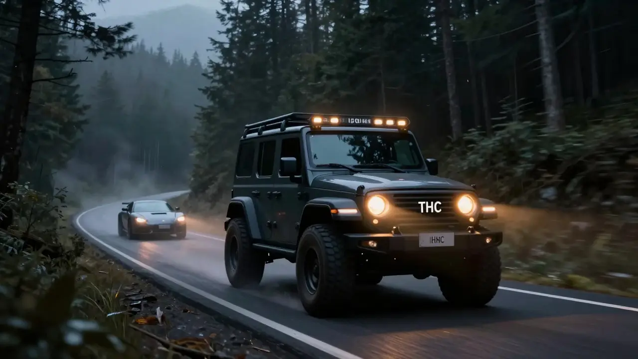 Schwerer Geländewagen fährt langsam durch neblige Nachtlandschaft, symbolisiert hohe HHC-Dosis.