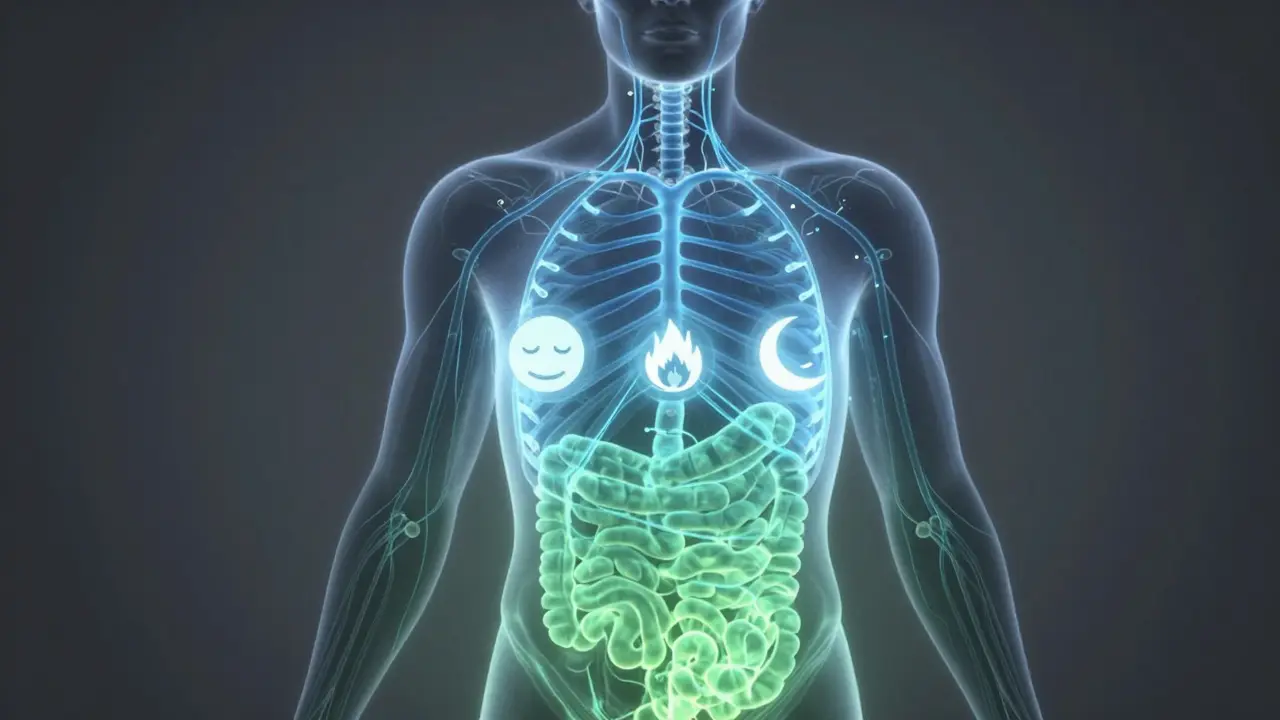 Silhouette mit leuchtendem Endocannabinoid-System und Symbolen für Stressreduktion und Stoffwechsel