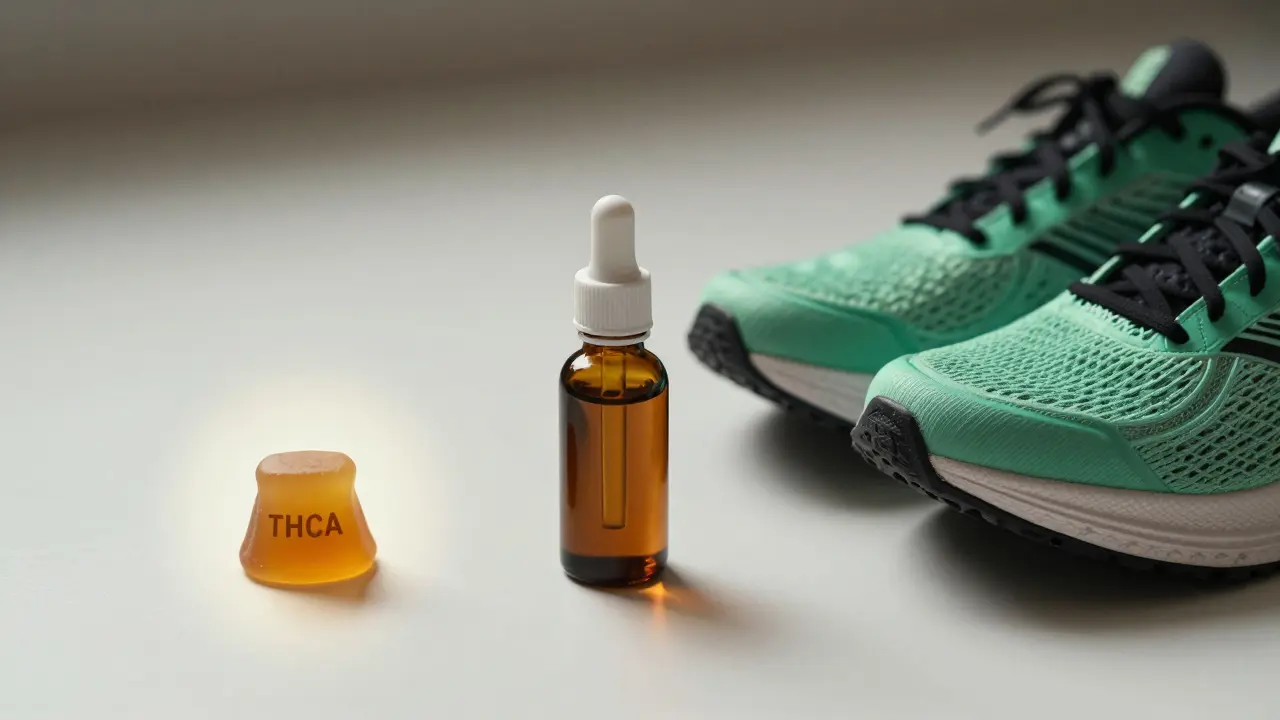 THCA-Gummi, CBD-Öl und Laufschuhe auf weißem Hintergrund — symbolisch für wirkungslose vs. wirkungsvolle Ansätze.