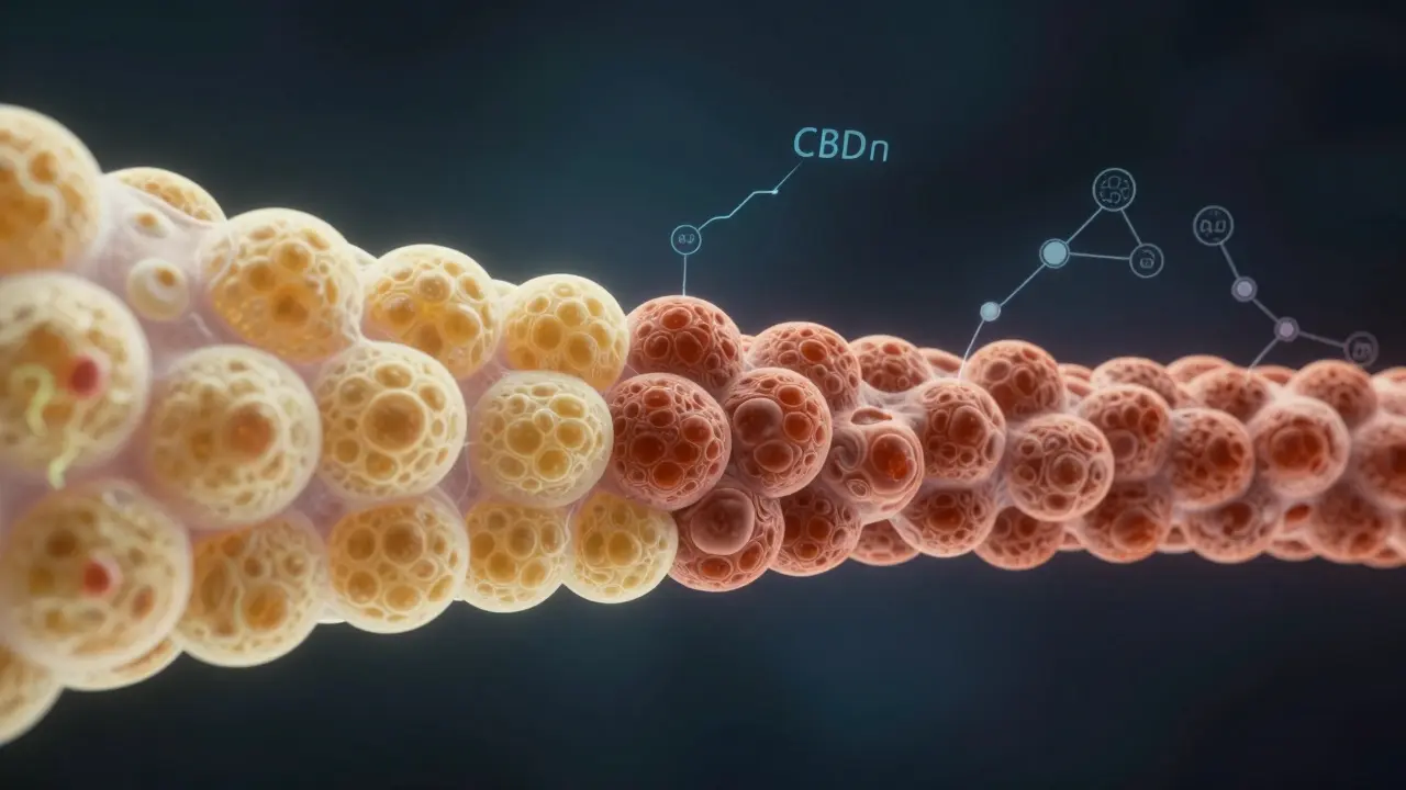 Transformation von weißen in braune Fettzellen durch CBD-Moleküle, biolumineszente Signale, wissenschaftliche Illustration.