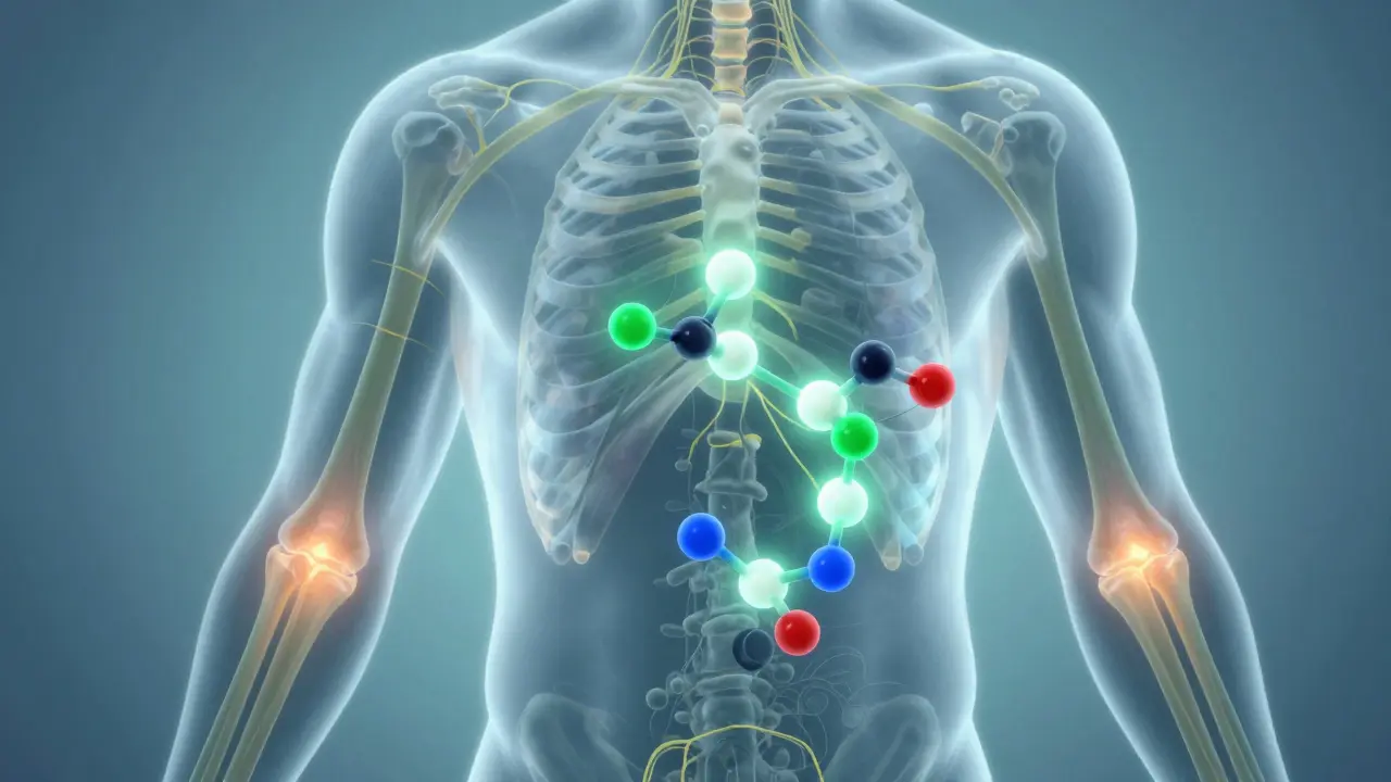 Transluzente Darstellung des Endocannabinoid-Systems mit CBD-Molekülen, die Nerven und Entzündungen beeinflussen.