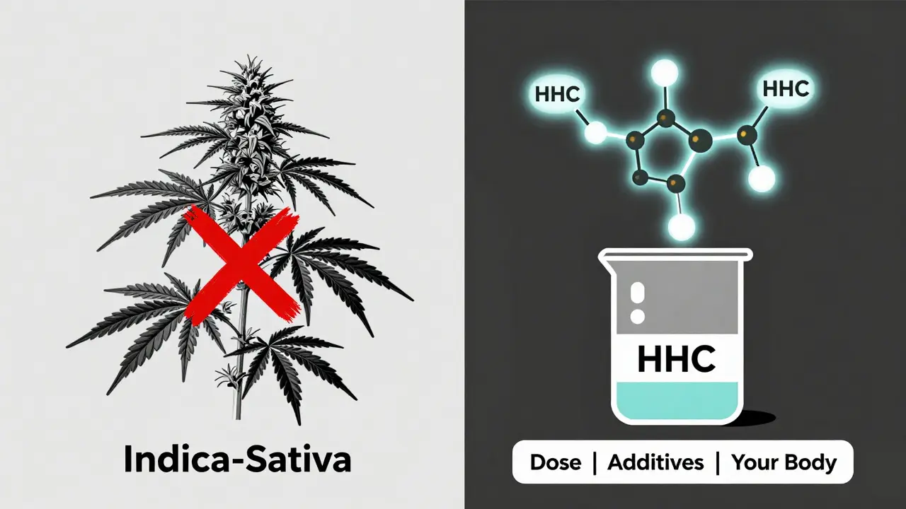 Vergleich: Cannabis-Pflanze mit Kreuz vs. Laborbecher mit HHC-Molekülen und Checkliste.