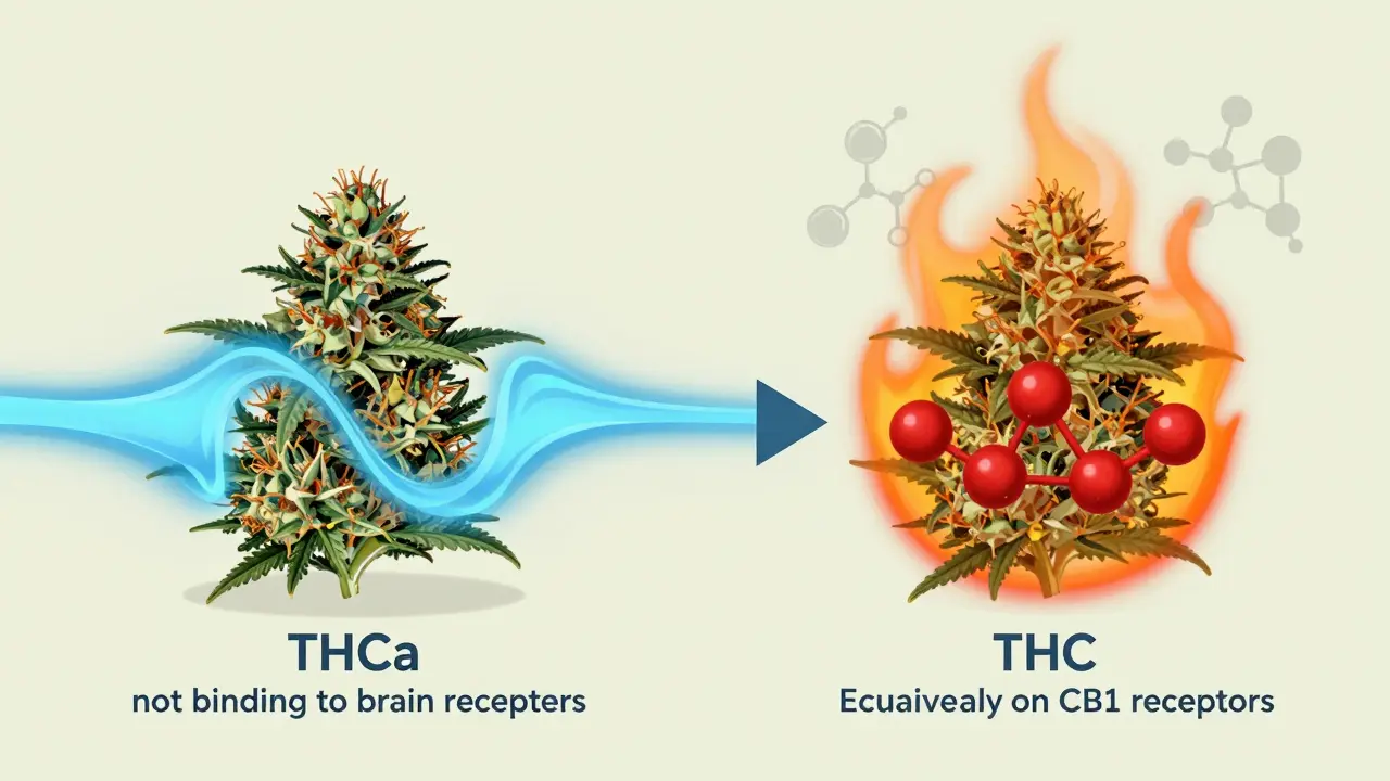 Vergleich von THCa und THC: rohe Blüte vs. erhitzte Umwandlung in psychoaktives Molekül.