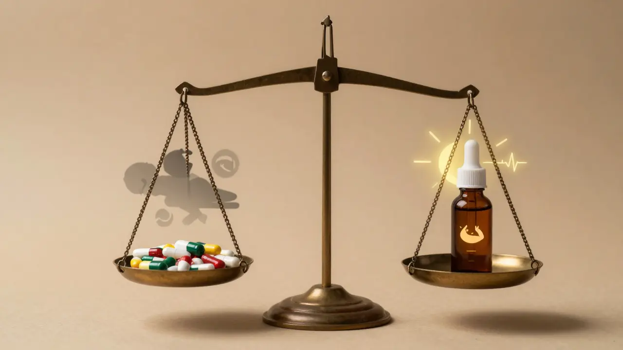 Waage mit Schmerzmitteln auf einer Seite und CBD auf der anderen – Symbol für sichere Schmerzlinderung.