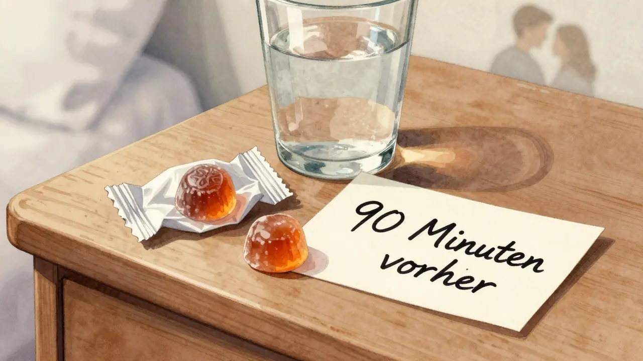 Zwei CBD-Gummis auf einer Holzkommode neben einem Glas Wasser und einer handschriftlichen Notiz.