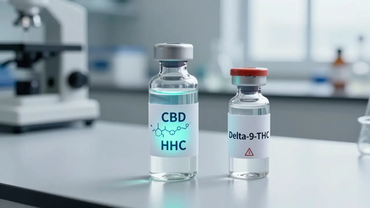 Zwei Laborfläschchen mit HHC und Delta-9-THC, eines klar und stabil, das andere beschädigt.