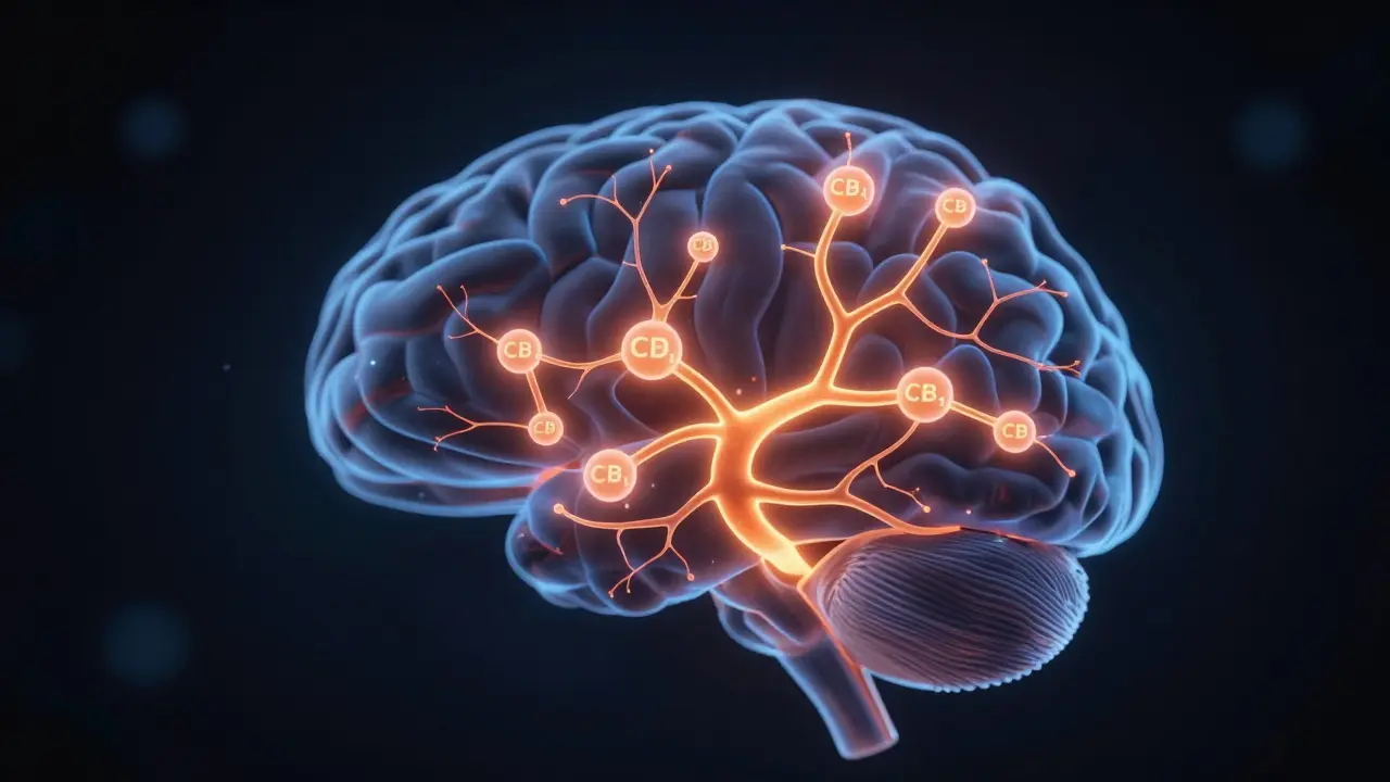 Abstrakte Darstellung der CBD-Wirkung auf Hunger- und Sättigungsrezeptoren im Gehirn.