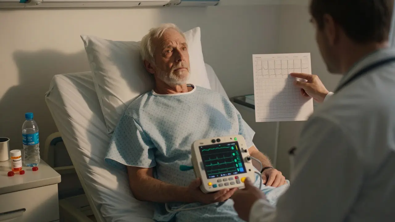 Älterer Mann im Krankenhaus mit EKG-Monitor und Delta-8-Gummis auf dem Nachttisch.