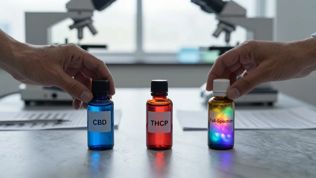 Drei Flaschen mit CBD, THCP und Vollspektrum-Öl, umgeben von wissenschaftlichem Hintergrund.