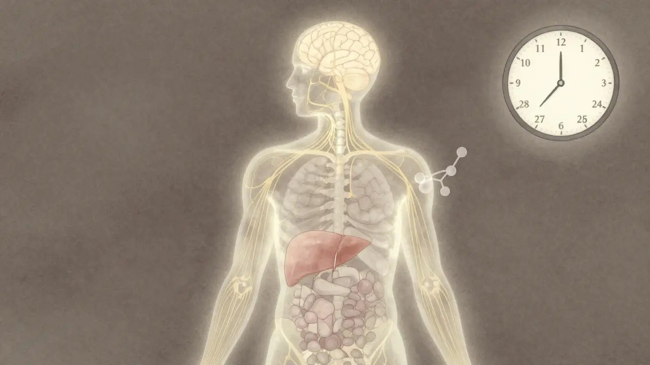 Ein abstraktes Bild des menschlichen Körpers mit einem leuchtenden Endocannabinoid-System, das sich über Tage entwickelt.