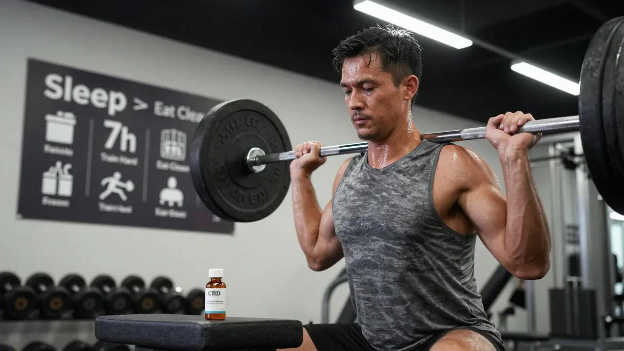 Ein Mann trainiert im Fitnessstudio, während CBD-Isolat neben ihm liegt – Betonung von Lebensstilfaktoren.