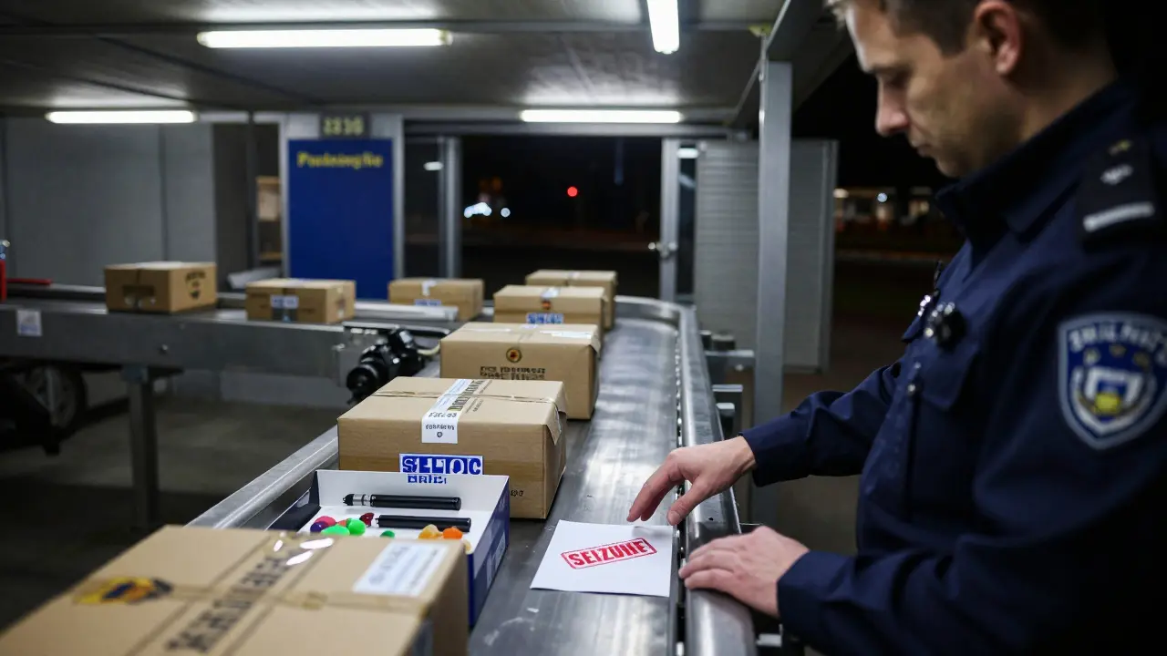Ein rumänischer Zollbeamter stampft ein HHC-Paket als beschlagnahmt, während Pakete aus dem Ausland durchlaufen.