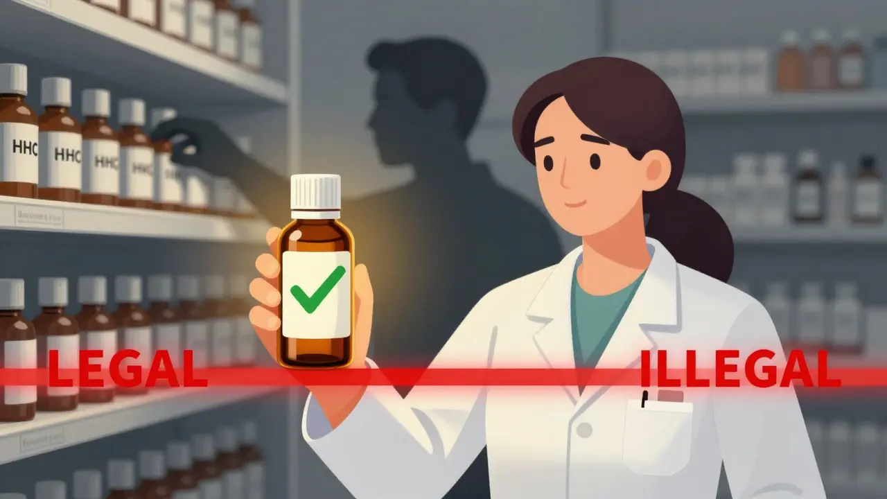 Eine Apothekerin hält legalen CBD-Öl auf, während ein verschwommenes HHC-Produkt im Hintergrund verborgen ist.