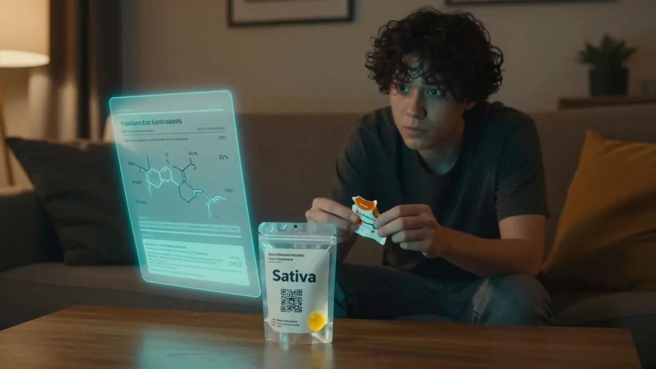 Eine Person auf dem Sofa, blickt auf eine THC-Verpackung, während ein chemischer Analysebericht mit hohem Myrcen-Gehalt schwebt.