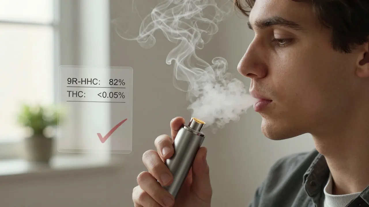 Eine Person dampft HHC mit einem Vaporizer, daneben schwebt ein Laborzertifikat mit HHC- und THC-Werten.