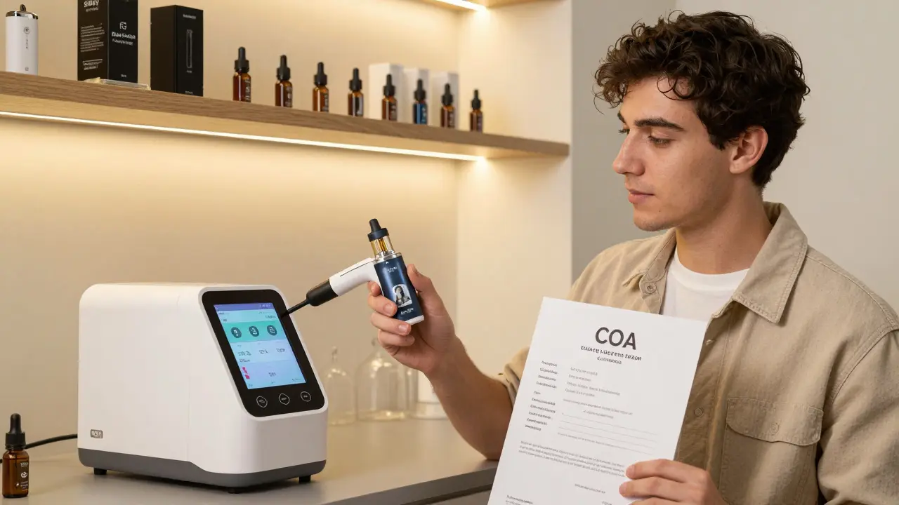 Eine Person in einem Labor, die ein personalisiertes Vape-Gerät mit einem Analysegerät scannen lässt, während ein COA-Zertifikat sichtbar ist.