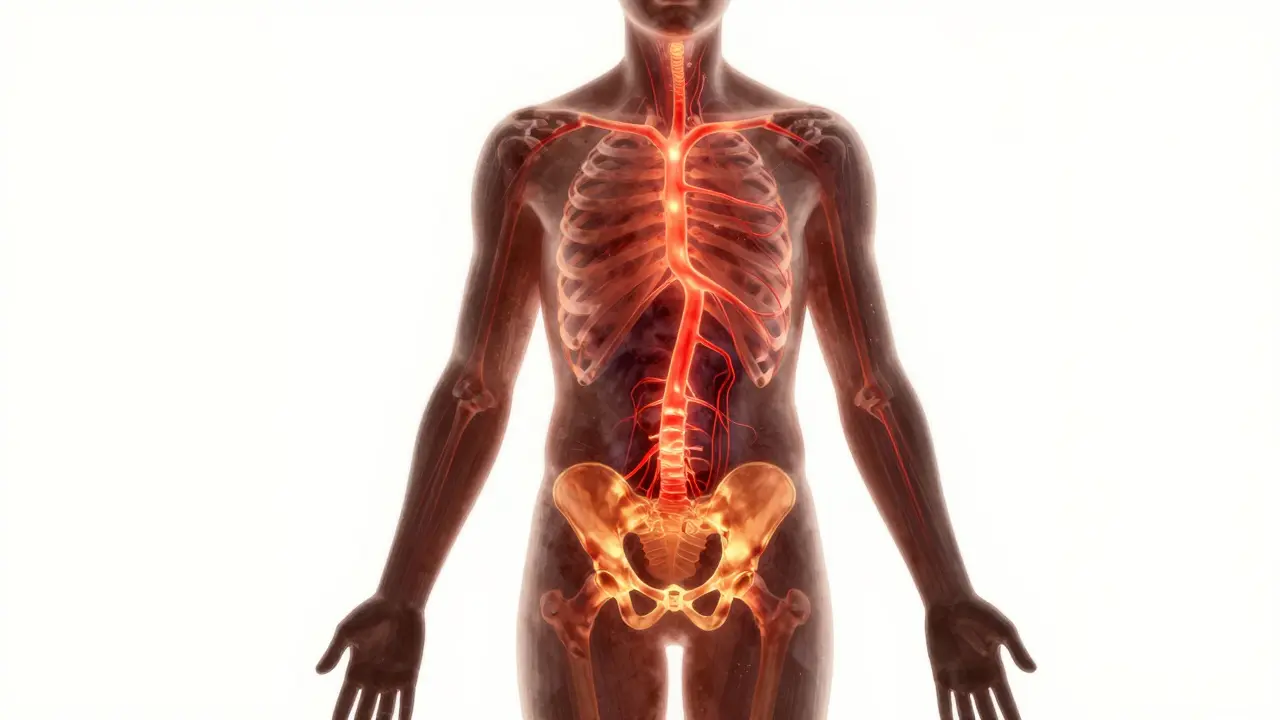 Eine silhouettierte menschliche Figur mit warmen, leuchtenden Blutflusswegen im Körperbereich.