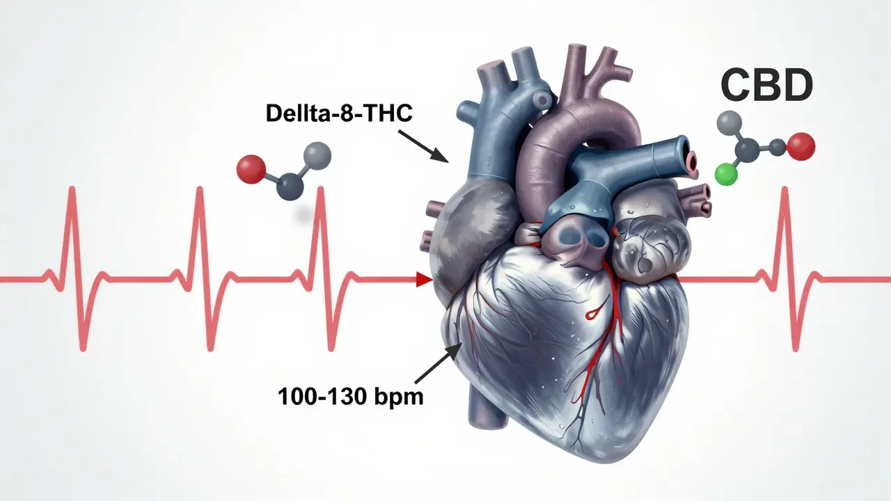 Herz mit gesteigerter Herzfrequenz und Delta-8-THC- sowie CBD-Molekülen, wissenschaftlicher Stil.
