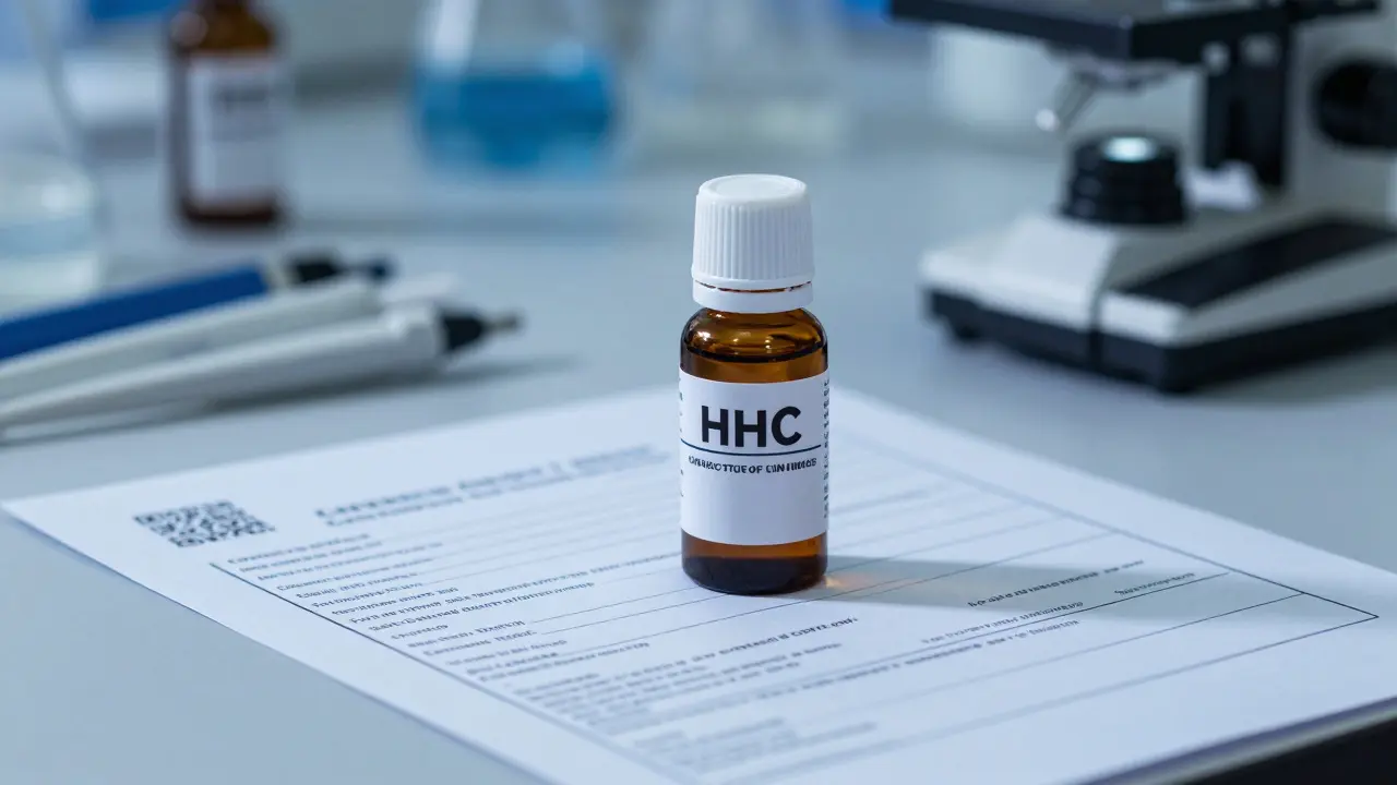 HHC bottle on lab counter with certificate of analysis and scientific tools.