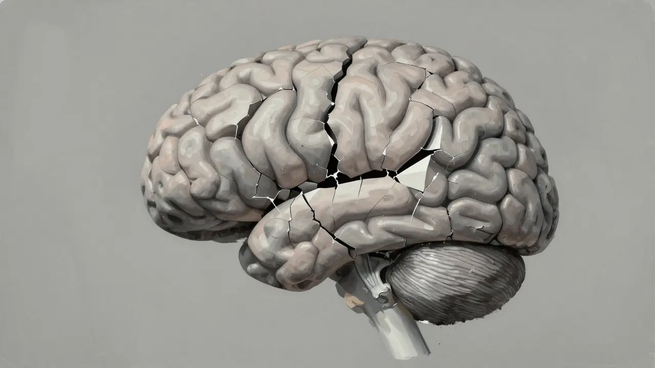 Hippocampus zerbröckelt, Gedächtnisverlust symbolisiert. Abstrakte Kunst.