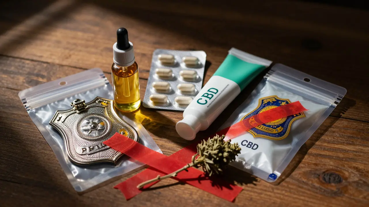 Legale CBD-Produkte neben einem verbotenen Hanfblüten-Paar, das mit rotem Klebeband durchgestrichen ist.