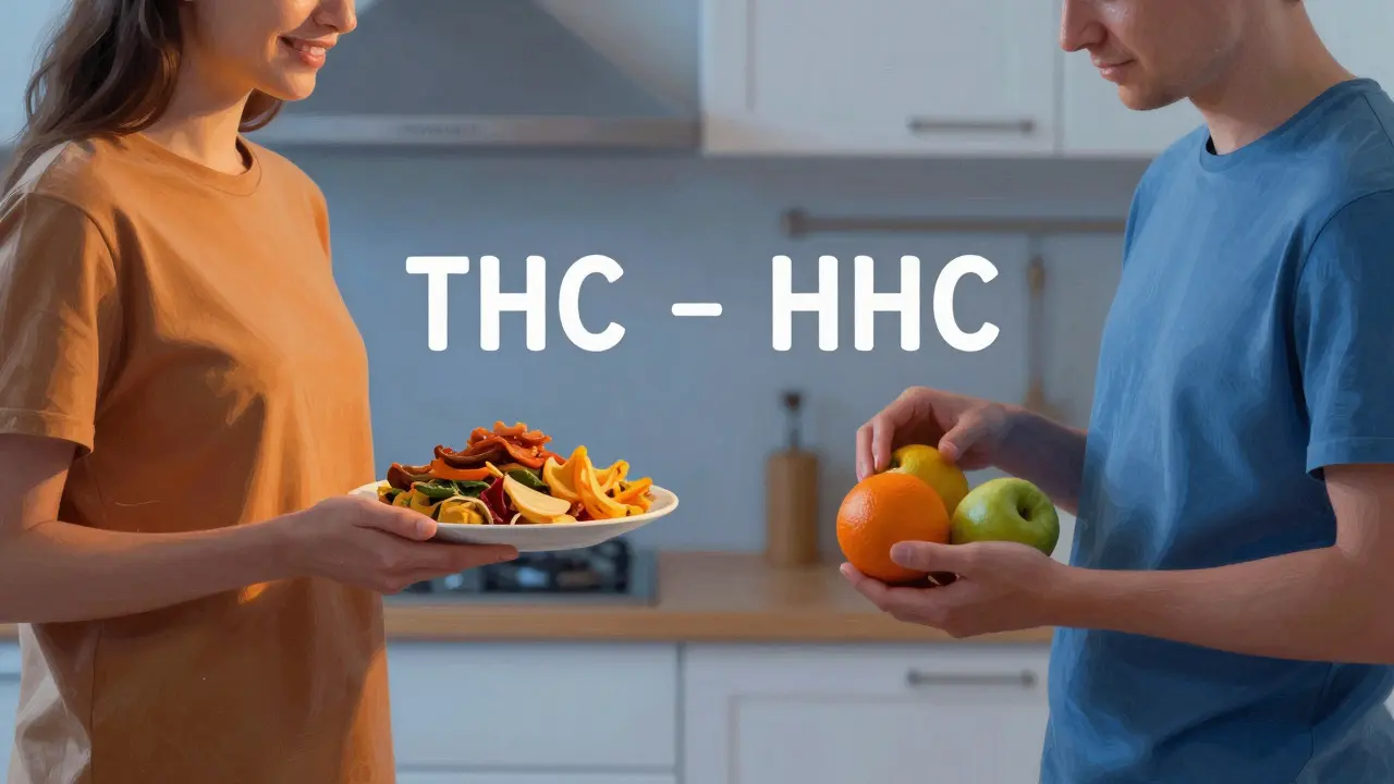 Mann mit Burger, Frau mit Obst in Küche