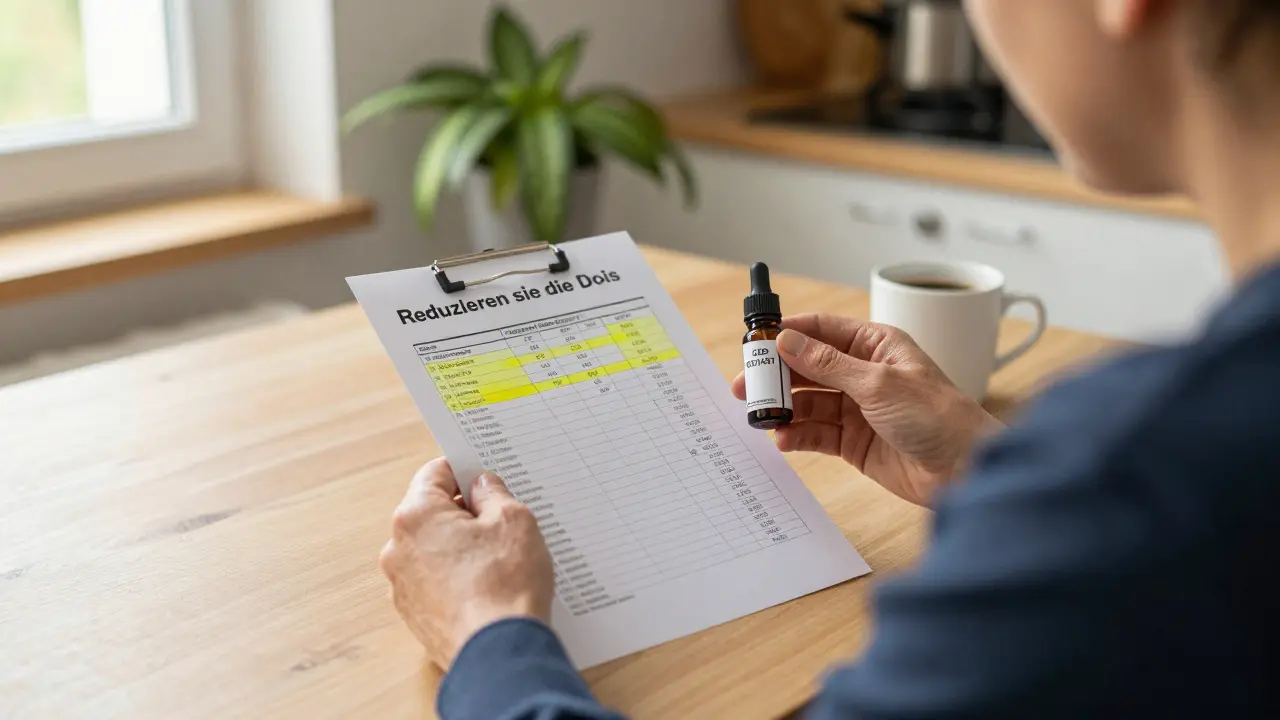 Mann mit CBD-Öl und Bluttestergebnissen am Küchentisch, Arzthinweis auf dem Tisch