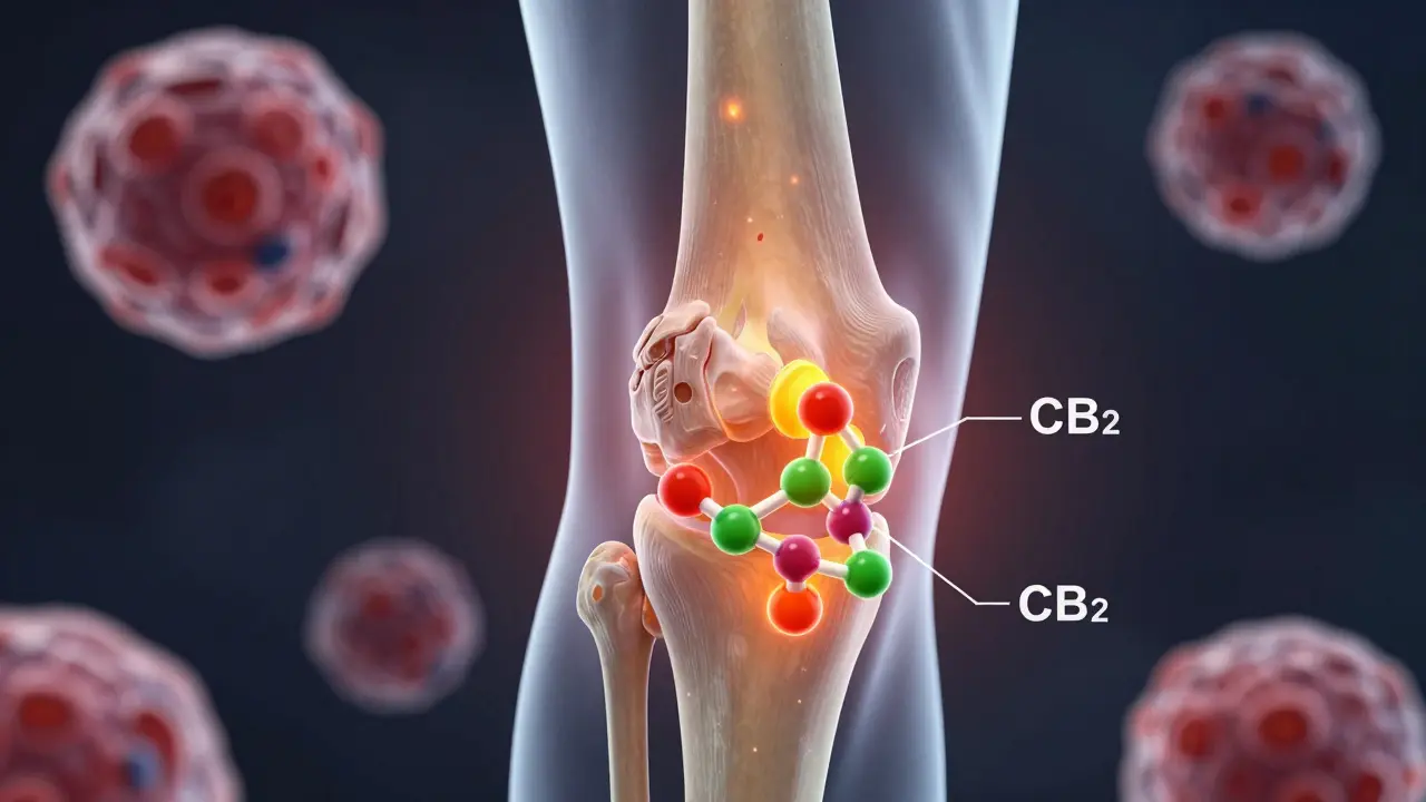 Microscopic view of CBD molecules reducing inflammation in a joint.