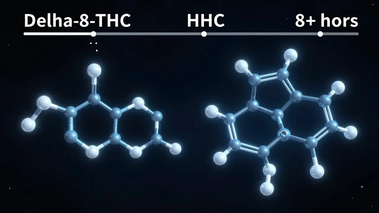 Molekulare Struktur von Delta-8-THC und HHC im Vergleich, mit hervorgehobenen Wasserstoffatomen