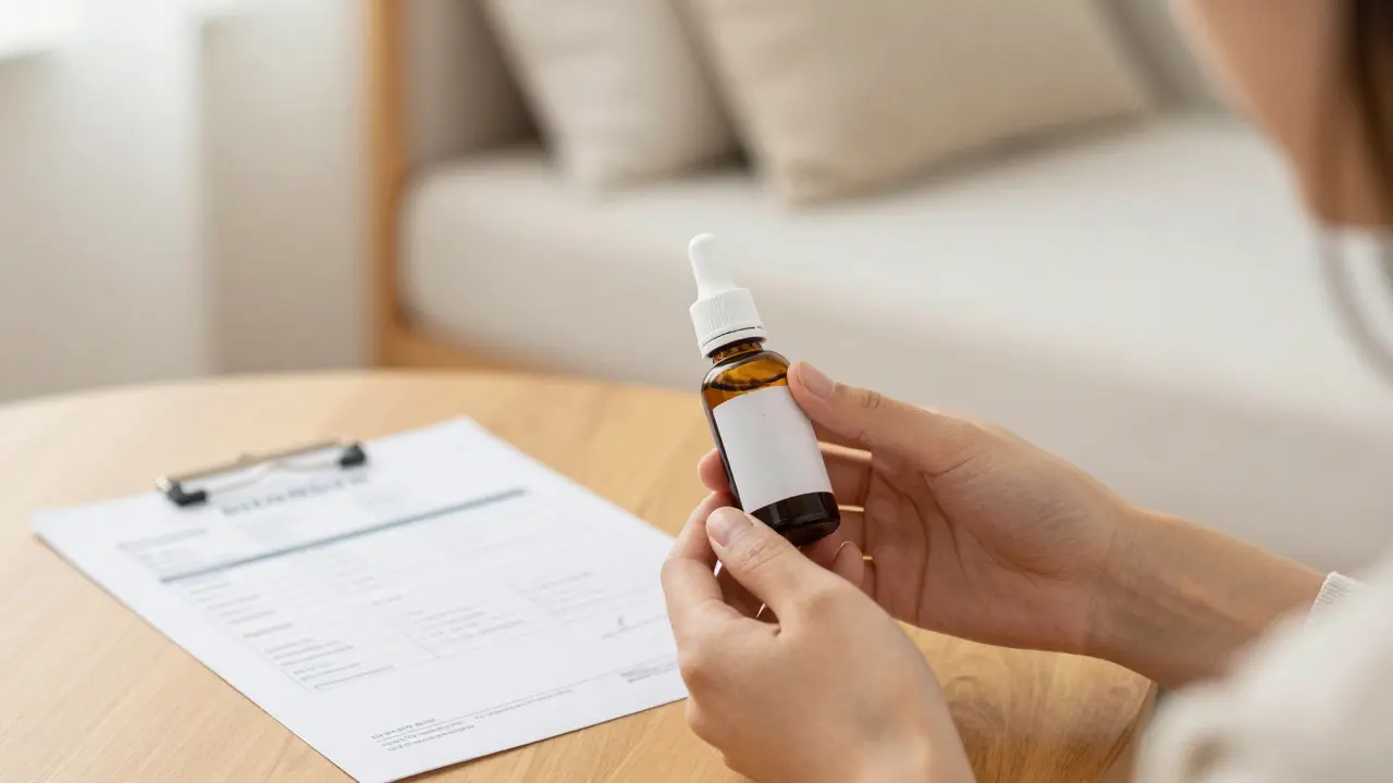 Person hält CBD-Öl und Zertifikat, Bluttest mit normalen Werten auf dem Tisch