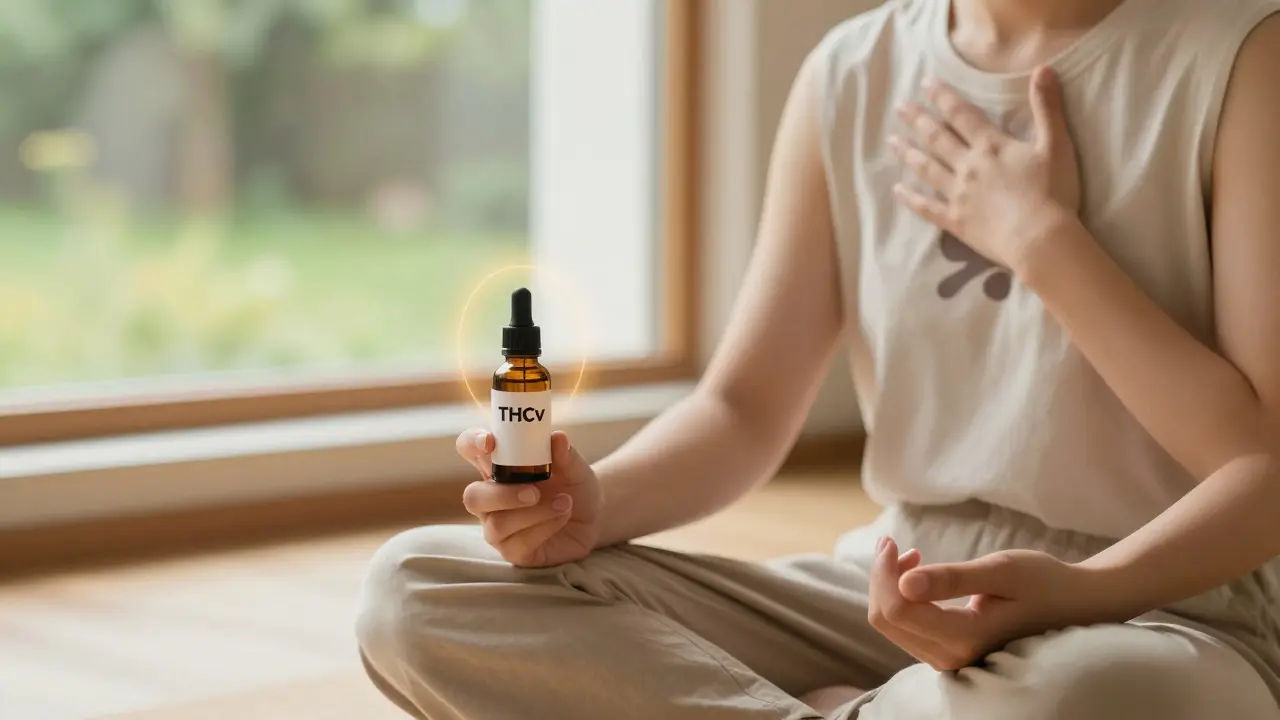 Person hält eine THCv-Flasche in einem sonnigen, ruhigen Raum, symbolisch beruhigt.