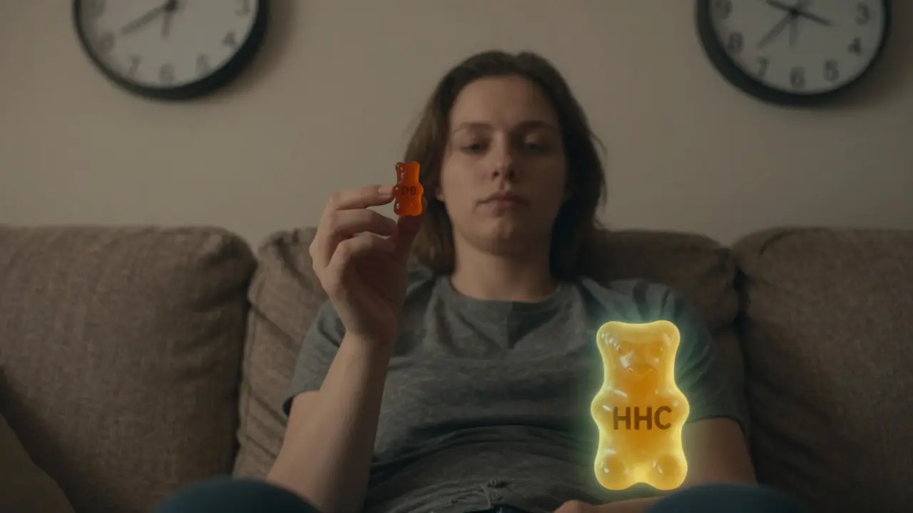 Person mit entspanntem Gesichtsausdruck, hält D8-Gummibärchen, HHC-Gummibärchen strahlt sanft