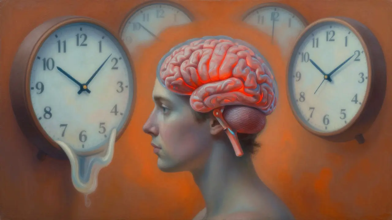 Person mit Zeitverzerrung, schmelzende Uhren, präfrontaler Cortex leuchtet rot.