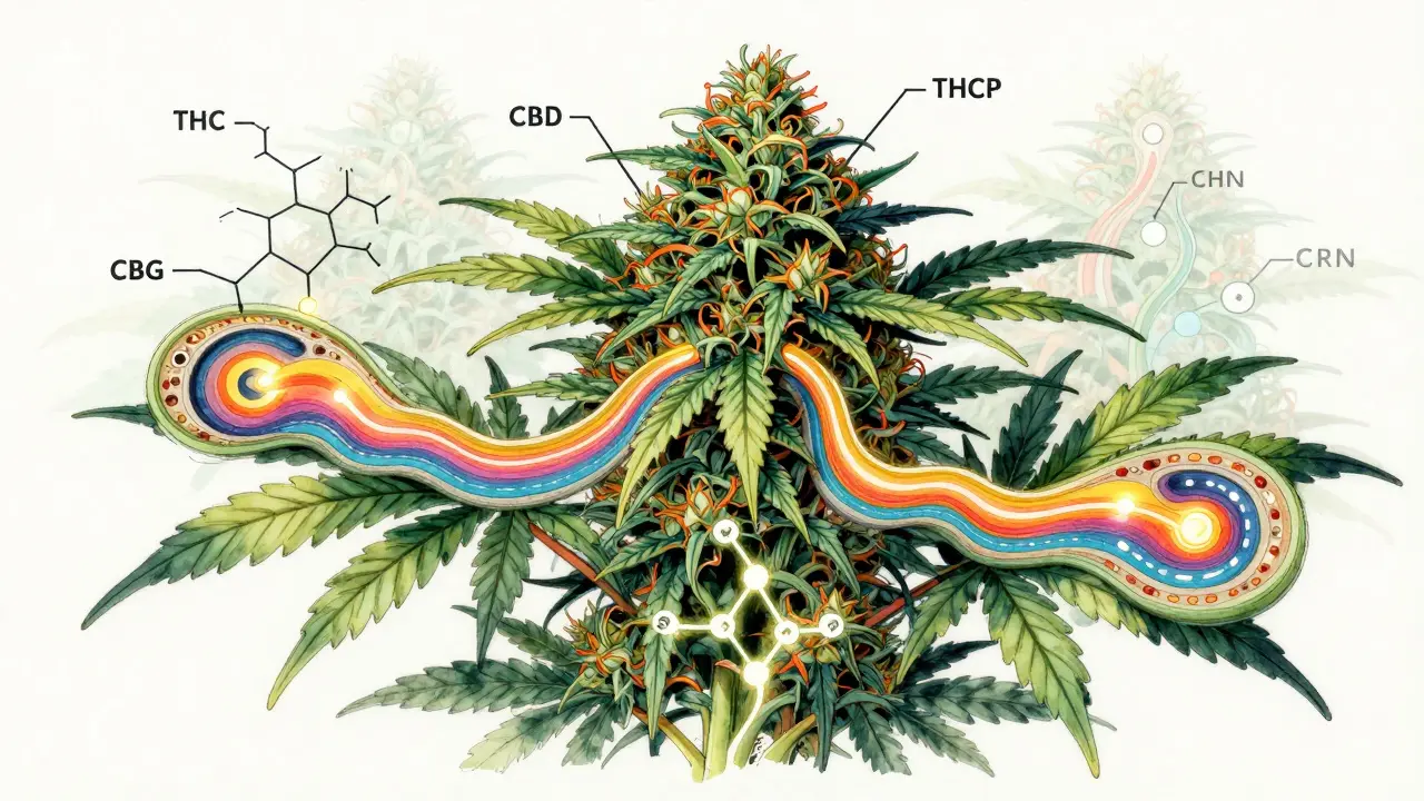 Querschnitt einer Hanfpflanze mit leuchtenden Cannabinoid-Wegen in Wasserfarbe.
