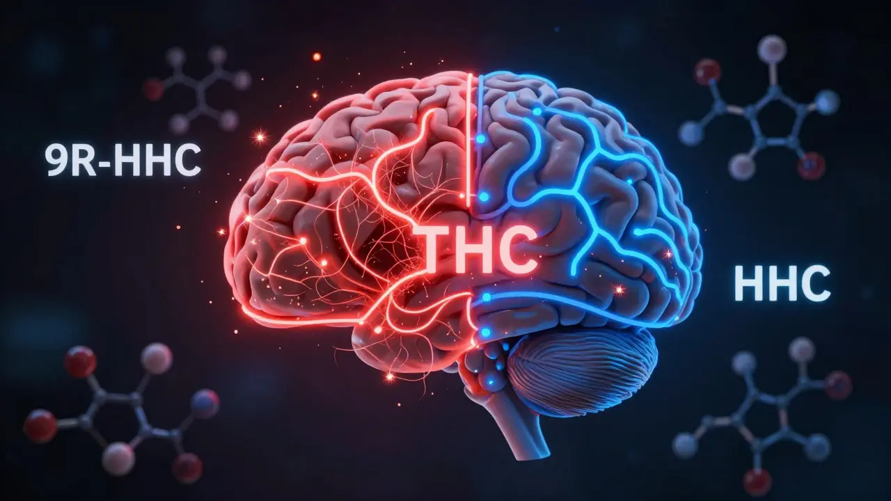 Schematische Darstellung eines Gehirns mit zwei unterschiedlichen Wirkwegen für THC und HHC, visualisiert als rote und blaue neuronale Muster.