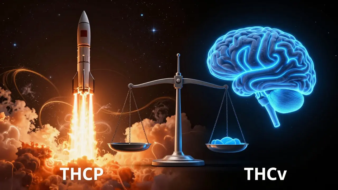 Split-Szene: Eine Rakete für THCP und ein chirurgisches Werkzeug für THCv, symbolisch gegenübergestellt.
