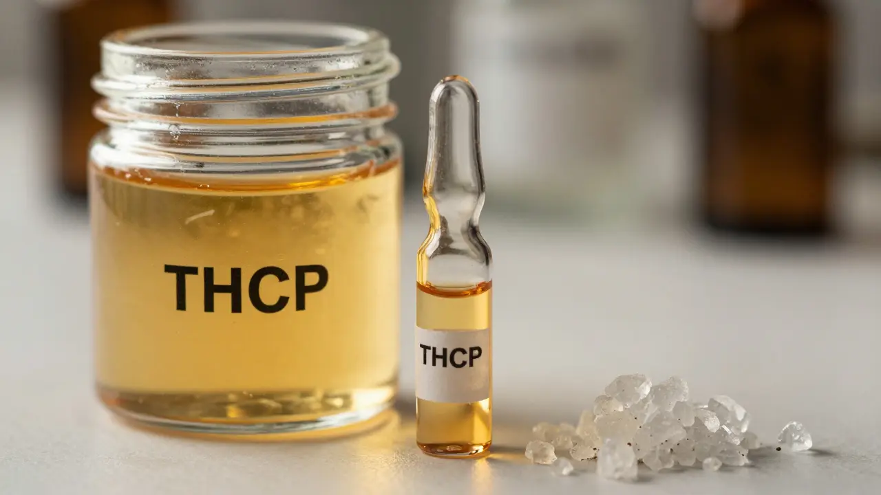 THCP-Isolat in kleiner Vial neben Lebendiges Harz-Glas.