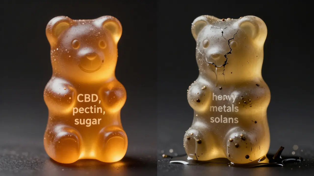Zwei CBD-Gummibärchen: eines rein und klar, das andere mit schädlichen Verunreinigungen