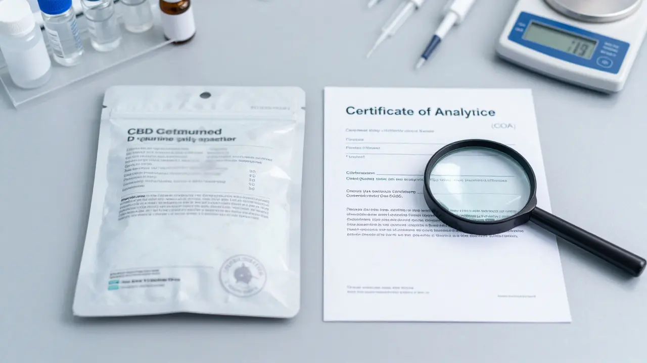 Zwei CBD-Gummipackungen mit und ohne Laborzertifikat, dargestellt auf einem Laborarbeitsplatz mit Messgeräten.