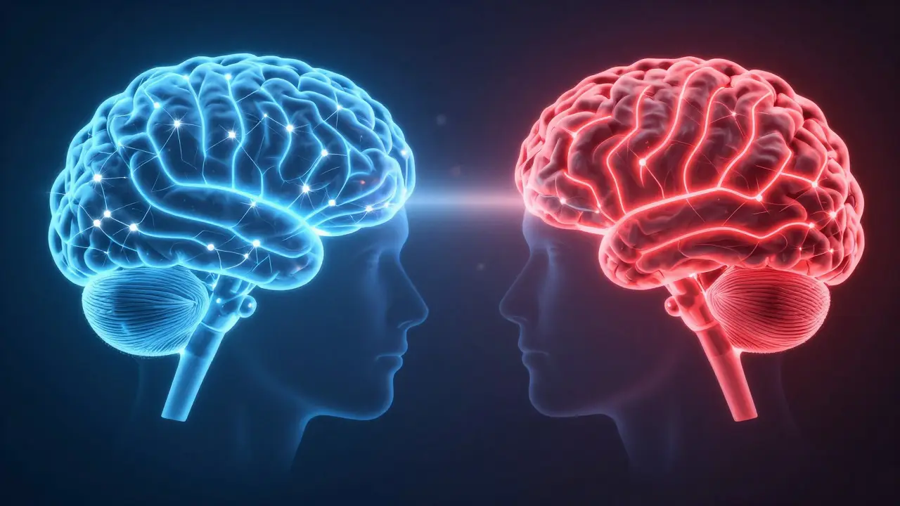 Abstrakte Darstellung eines Gehirns mit blauen und roten Lichtwegen.