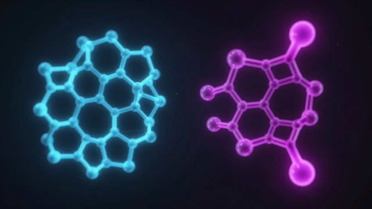 Abstrakte Darstellung von Molekülstrukturen mit leuchtenden chemischen Bindungen im dunklen Laborraum.