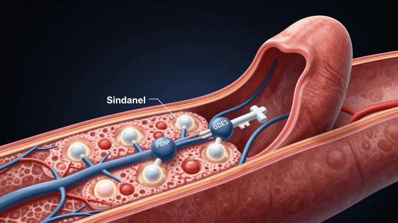 Anatomische Darstellung des Penis mit blutflussverstärkenden Molekülen und blockierten Enzymen.