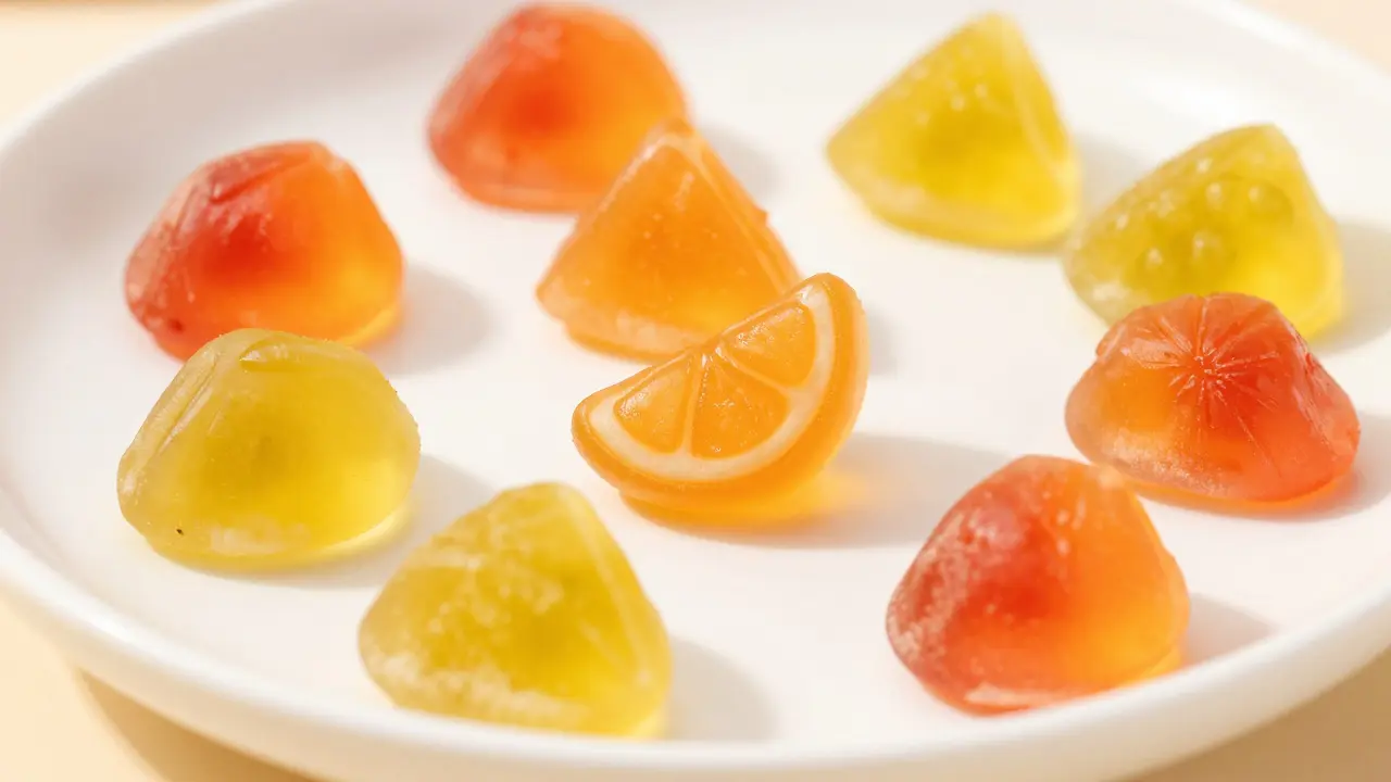 Bunte CBD Gummibärchen auf einem weißen Keramikteller.