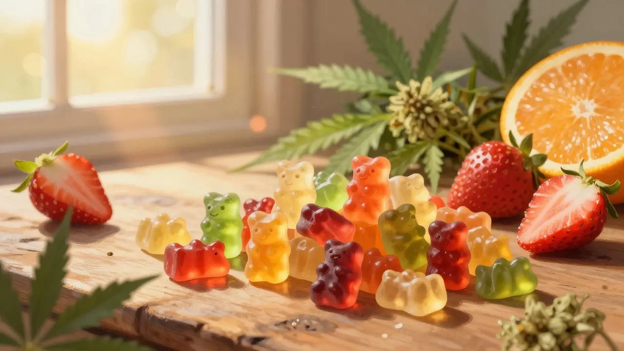 Bunte CBD-Gummibärchen mit frischem Obst und Hanfblättern im Sonnenlicht