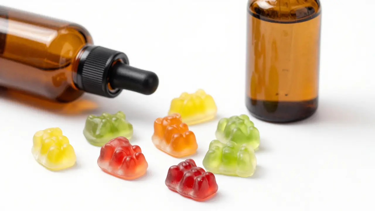 Bunte CBD-Gummibärchen und eine Öldropflasche auf weißem Hintergrund.