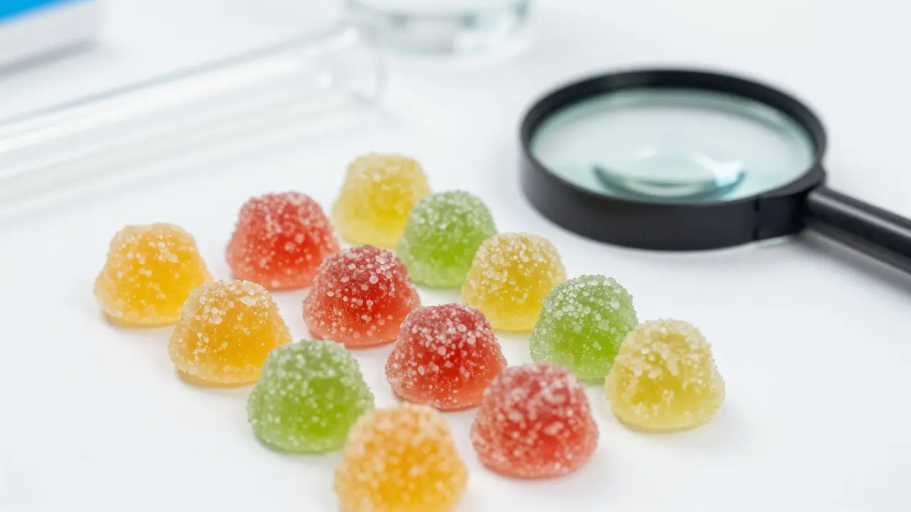 Bunte Gummibonbons neben Lupe und Teströhrchen zur Qualitätskontrolle.