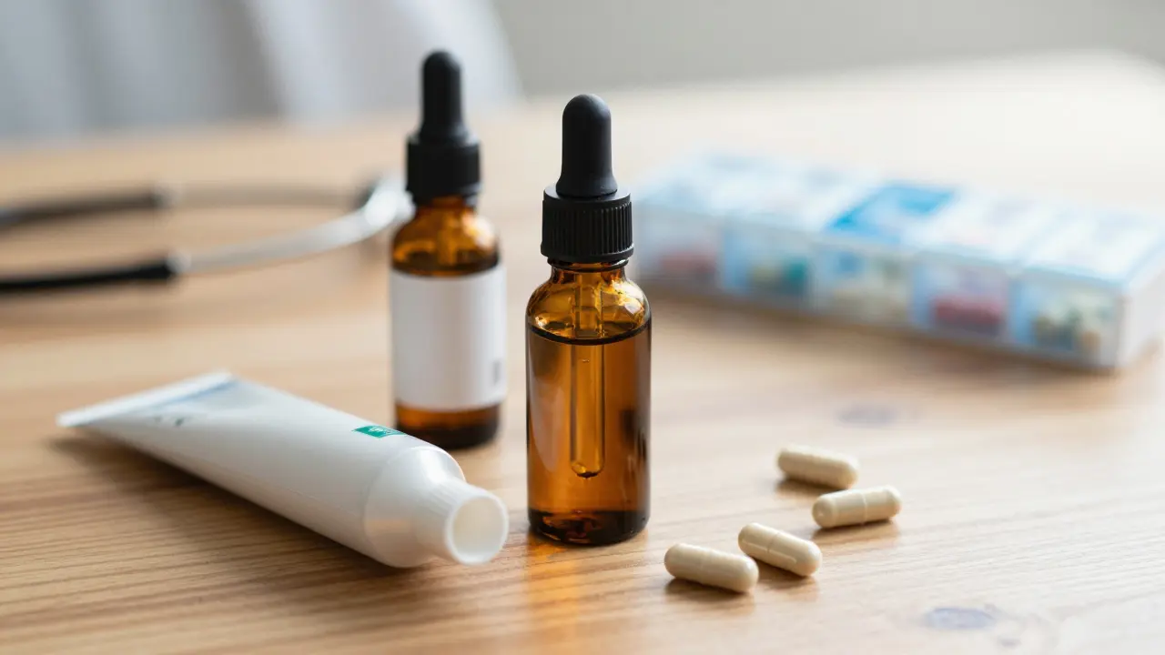 CBD-Produkte auf Holztisch mit medizinischem Hintergrund