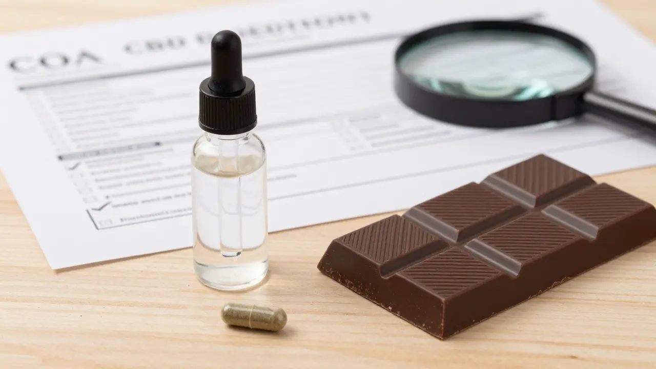 Drei CBD-Produkte — Öl, Kapsel, Schokolade — mit einem Laborbericht im Hintergrund.